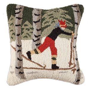 Back Country Skier in Woods - Hooked Wool Pillow